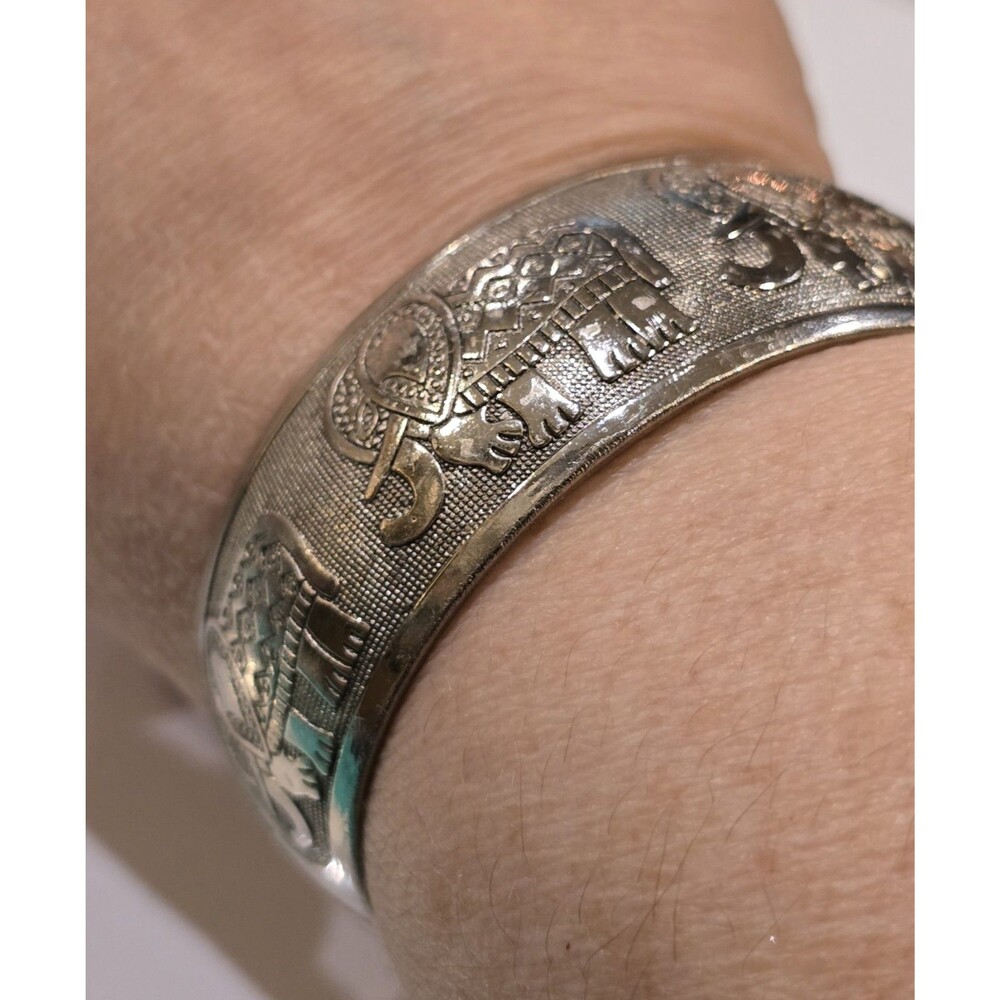 Silver Tone Elephant Cuff Bracelet Wide Etched Boho Safari Statement Bangle 1088